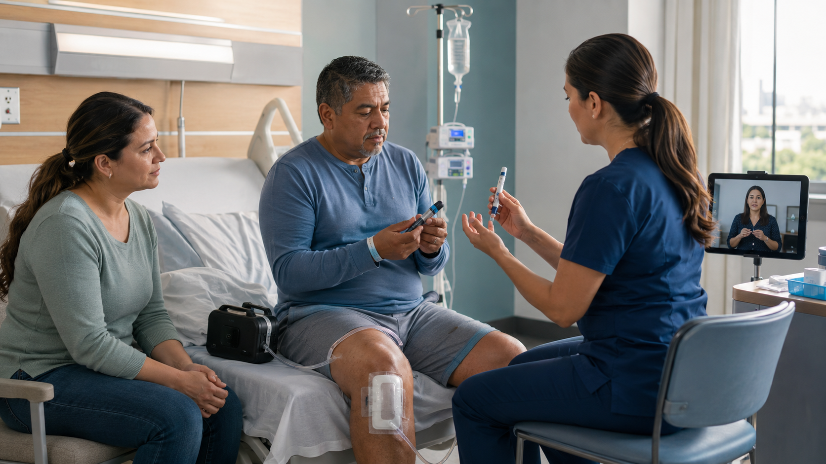 A nurse teaches insulin pen use to a patient while an interpreter appears on a tablet, a family member is nearby, and a wound therapy device is visible.