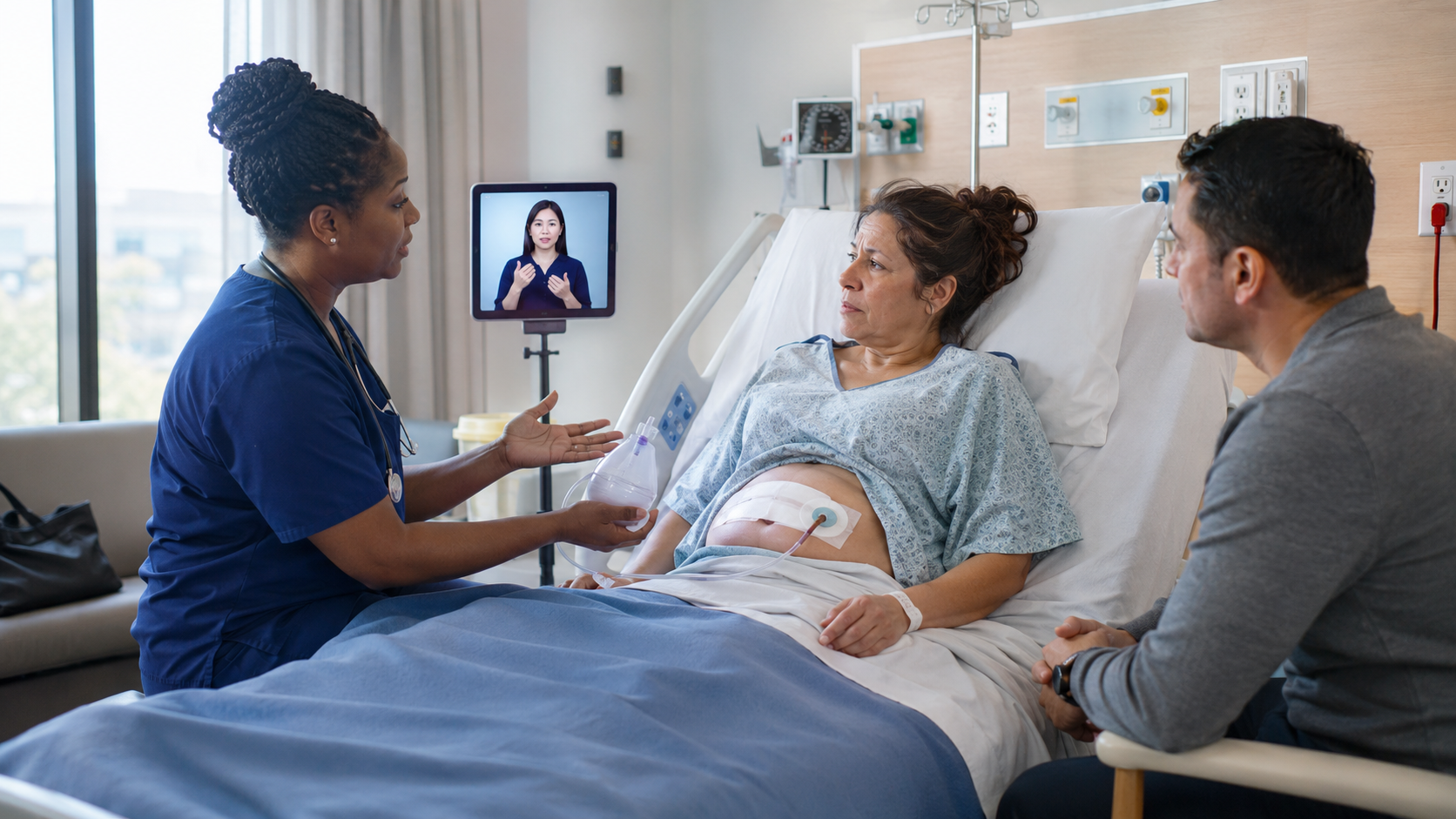 A nurse teaches surgical-drain care directly to a patient while an interpreter appears on a tablet and a caregiver sits nearby.