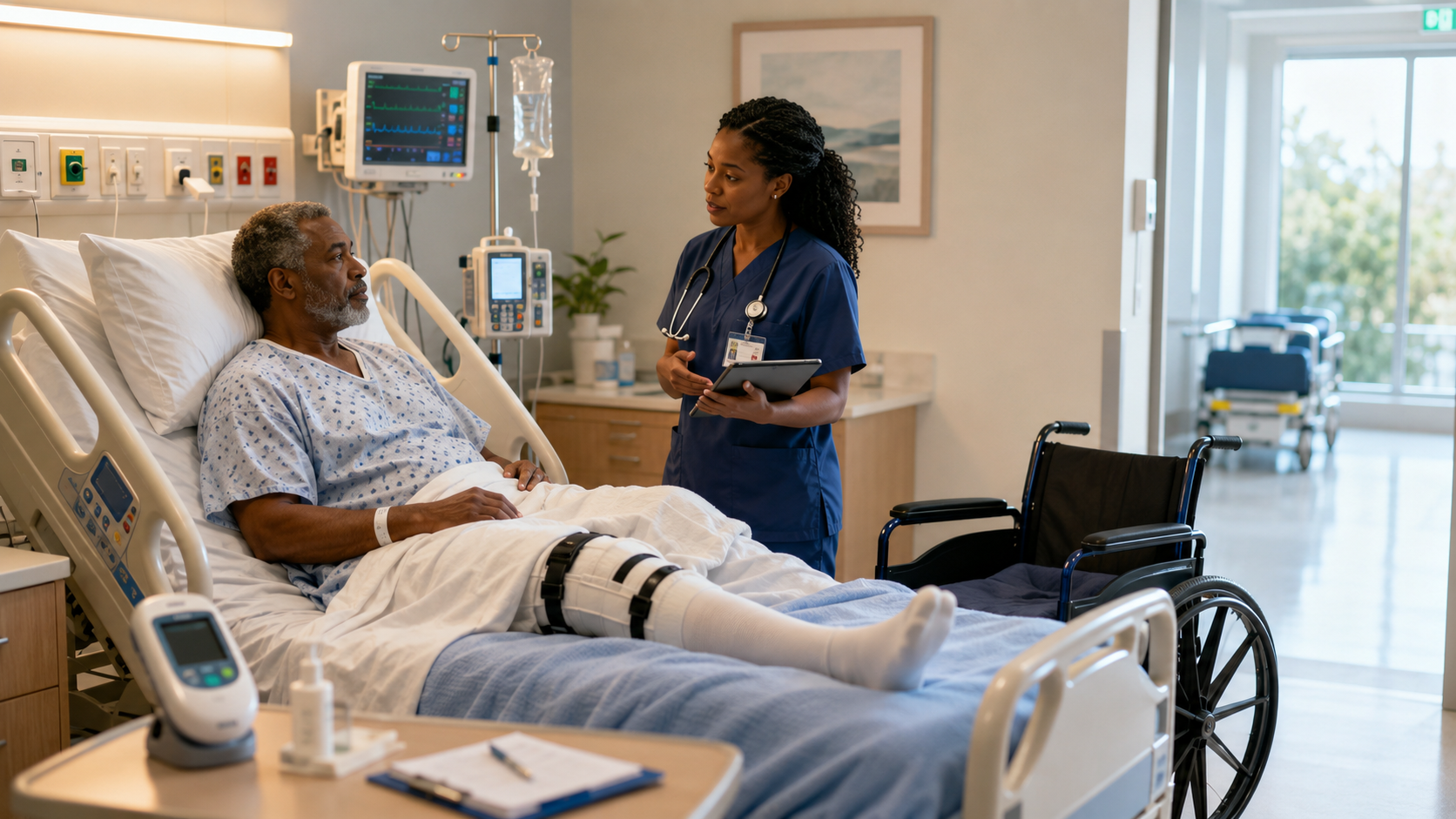 A nurse reviews current findings with a patient before a planned transfer while transport equipment waits nearby.