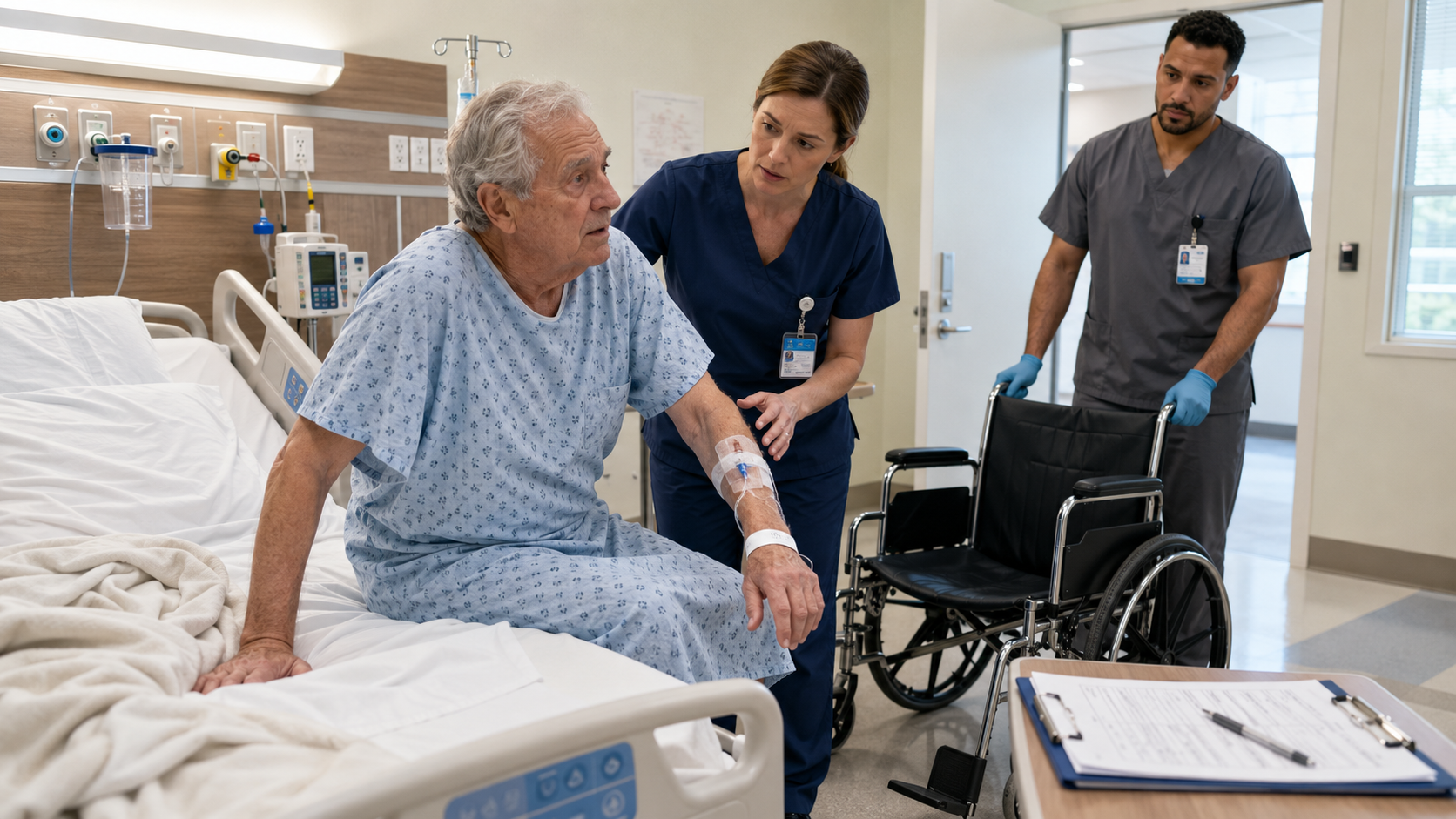 An older patient is disoriented and attempting to get up while a nurse assists and a transport aide waits with a wheelchair. The patient has an IV dressing and transport paperwork is nearby.